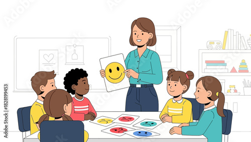 Enthusiastic Teacher Educates Young Children About Expressing Emotions, Using Colorful Visual Aids in a Supportive Classroom Setting