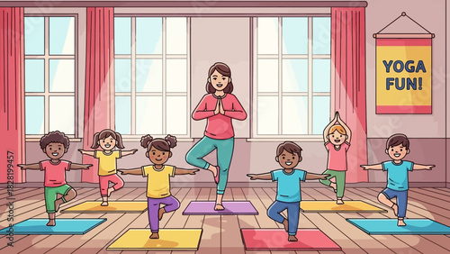 Yoga Fun Class Children and Instructor Practicing Balancing Poses in a Colorful Studio