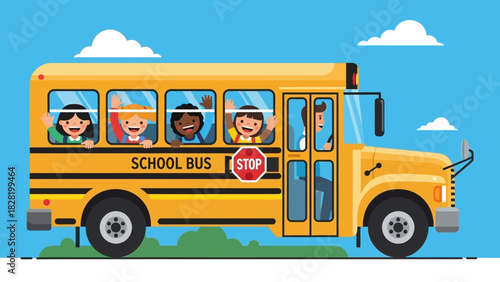 Cheerful School Bus Ride Happy Children Waving from the Bus Windows