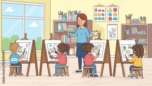 Children engaged in a vibrant art class, learning to paint and draw under the guidance of an encouraging teacher in a bright, cheerful classroom setting