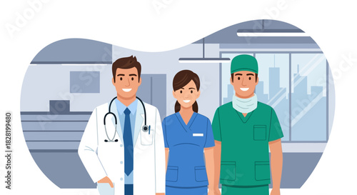 A dedicated team of healthcare professionals, including a doctor, nurse, and surgeon, stands together in a modern hospital setting