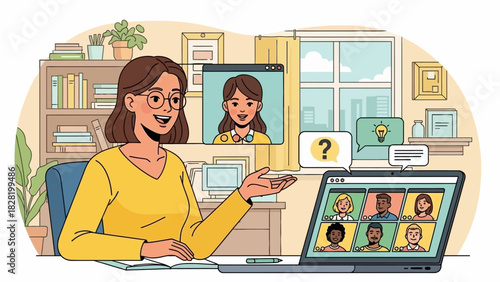 Young professional woman actively participates in an important online video conference meeting from her modern home office, staying connected and collaborating virtually with a diverse team
