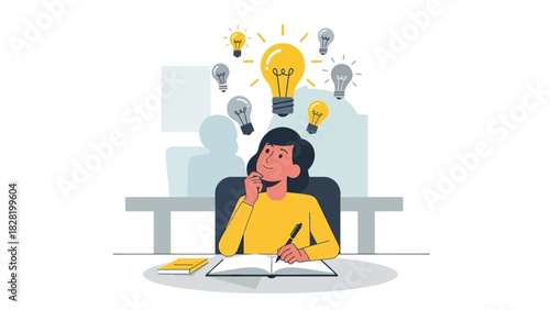 A focused individual immersed in creative thought, generating innovative concept words, brainstorming new ideas, and finding inspiration for problem-solving and strategic development