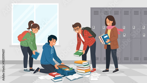 Students dropping their books and supplies in a school hallway with lockers in the background