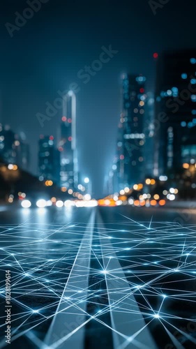 Futuristic city street at night with glowing digital network lines overlaying the road, symbolizing smart city technology and urban connectivity. Modern skyscrapers illuminate the background