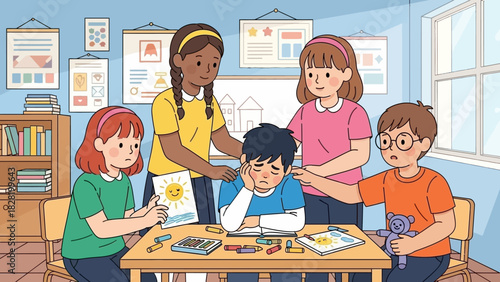 Helping a Sad Student A Colorful Classroom Scene of Support and Encouragement
