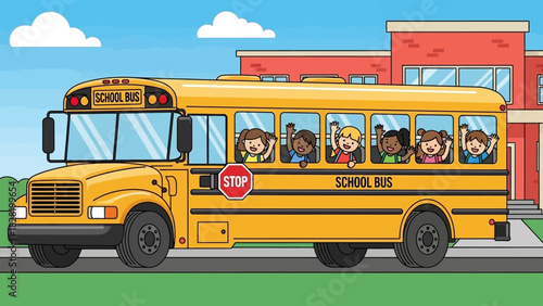 Happy diverse children waving from a school bus arriving at school on a sunny day