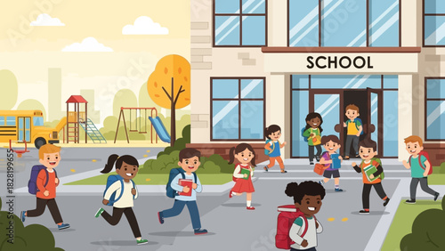 Happy diverse students with backpacks running to a modern school building, ready for a day of learning and fun at the playground, symbolizing new beginnings