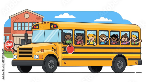 A cheerful yellow school bus filled with diverse, happy children waving on their way to the school building in the background