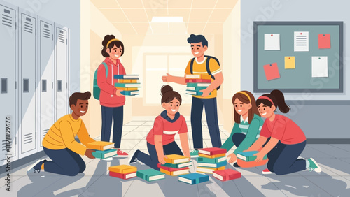 A diverse group of friendly high school students cooperating to stack and organize piles of textbooks in the hallway