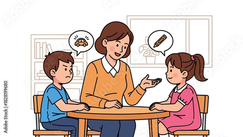 An adult engages in a thoughtful conversation with two young children, fostering communication and cognitive development