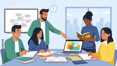 Diverse students and an instructor engaging in dynamic educational collaboration, fostering a productive learning environment with technology and textbooks