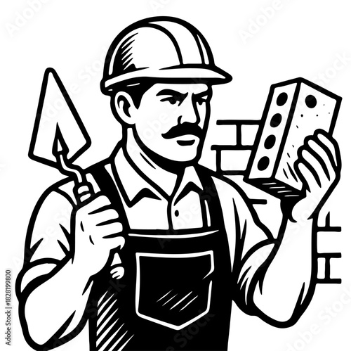 Builder examines a brick while holding a trowel in a construction setting during daytime work hours