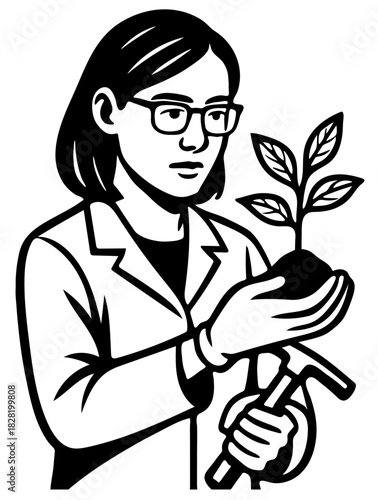 Ecologist examines young plant while holding soil and gardening tools in professional lab setting focused on environmental research