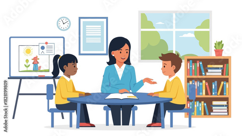 Caring teacher fostering learning for children in a bright classroom, providing foundational education through interactive activities and supportive guidance