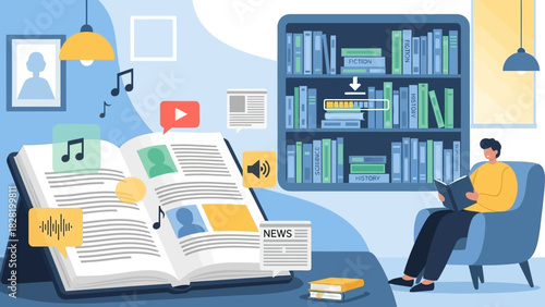 Engaging with a world of knowledge through digital reading and multimedia content, combining traditional learning with modern interactive experiences for personalized growth