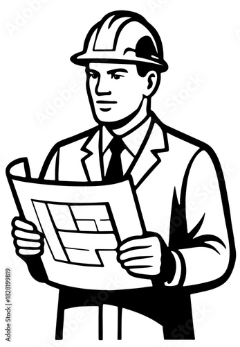 Engineer reviewing design plans while preparing for a construction project, showcasing expertise and attention to detail in a professional setting