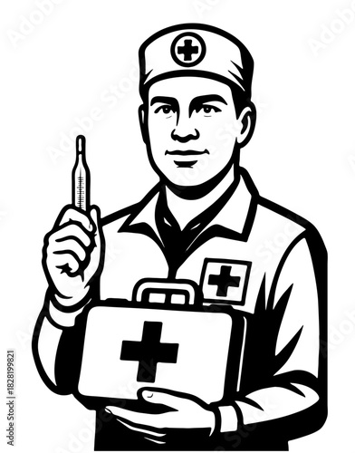 Paramedic holding a first aid kit and syringe in a professional setting ready for emergencies