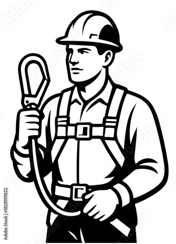 Installer using harness and safety gear during professional work in construction setting