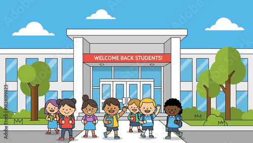 Joyful Elementary School Children Excitedly Returning to Their Welcoming School Building, Ready for a New Academic Year and Educational Adventures