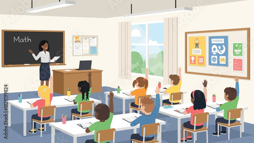 Diverse elementary school students actively participate in a math lesson, raising their hands to answer questions from their dedicated teacher in a vibrant classroom setting