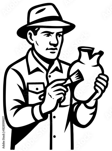 Archaeologist examining ancient pottery with a brush in a field setting during daytime exploration