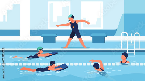 Group of children learning to swim with an instructor at an indoor pool during a fun and active aquatic training session
