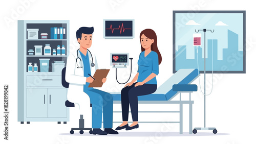 Doctor consulting with a female patient in a medical examination room with modern equipment