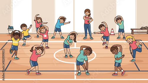 Diverse group of kids and an instructor doing warm-up stretches in a school gym, emphasizing physical education, health, and active learning for children