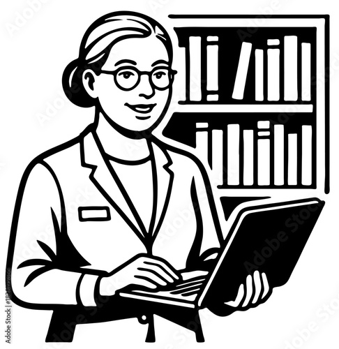 librarian professional using a laptop in a library setting while managing travel documents and tasks