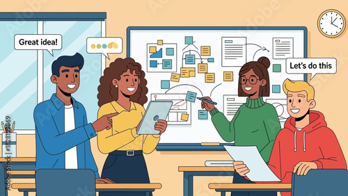 Illustration of a creative business team working together, sharing ideas and developing a successful plan in a workshop