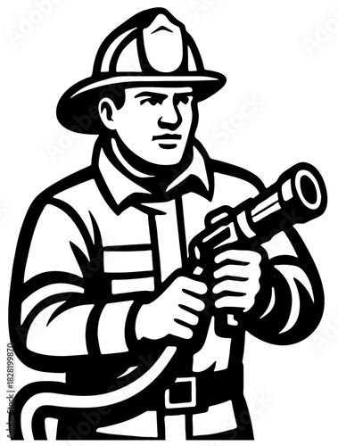 Firefighter in action with a hose ready to combat flames during an emergency response