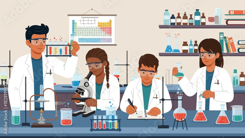 Diverse group of students conducting scientific experiments in a well-equipped laboratory, promoting education and discovery