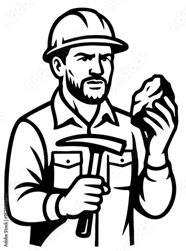 Geologist examines rock sample while holding hammer in a professional setting