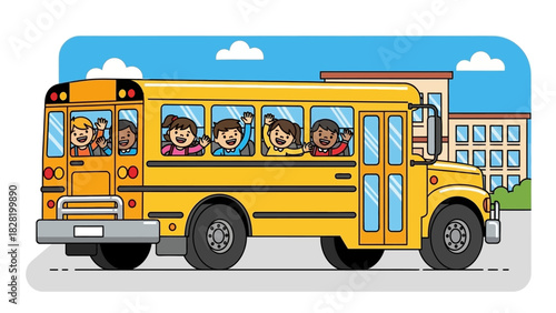 A cheerful illustration of diverse elementary school children happily waving from a classic yellow school bus