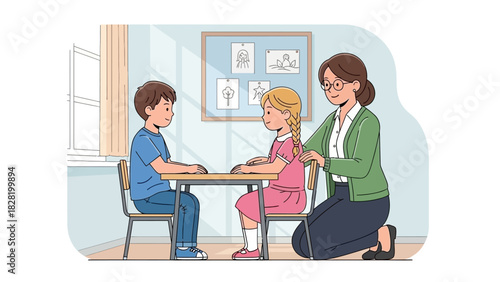 Caring Teacher Guides Young Students in a Bright Classroom Setting, Fostering an Engaging and Supportive Learning Environment for Early Education and Development