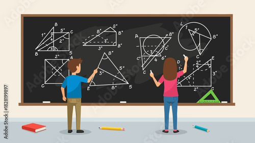 Two students drawing geometric shapes and formulas on a blackboard for a math lesson