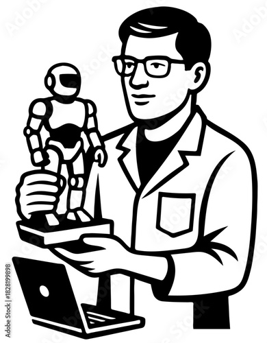 Roboticist presents detailed model of humanoid robot in laboratory setting during professional demonstration