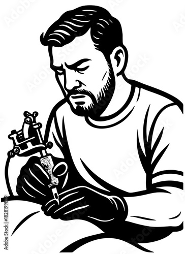 Focused tattoo artist using a machine to create intricate designs in a professional environment