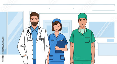 Healthcare Professionals Doctor, Nurse, and Surgeon in Hospital Setting