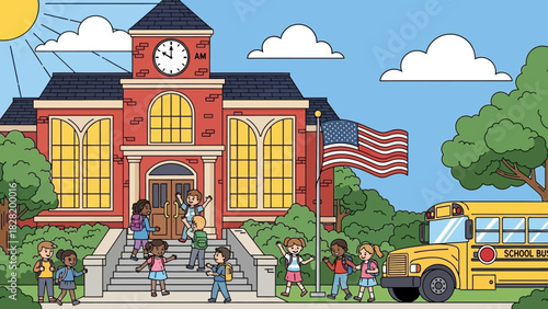 Children happily returning to school at a bright red brick building with a yellow school bus