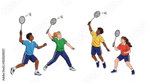 Children enjoying a game of badminton outdoors on a bright day, engaging in physical activity and sports