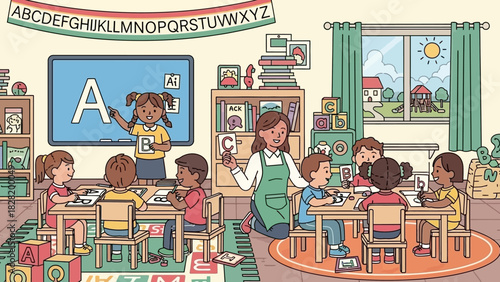 A Vibrant Classroom Scene Children Learning with Joyful Teacher
