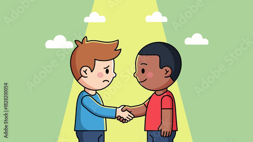 An empathetic handshake between two diverse boys symbolizing forgiveness, apology, and resolving a dispute