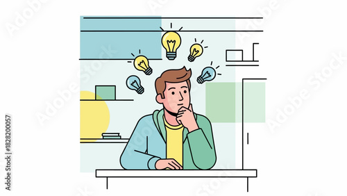 Illustration of a pensive man brainstorming, surrounded by glowing lightbulbs symbolizing inspiration and innovation