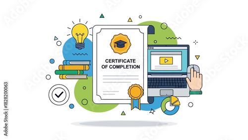 Digital education and online course completion concept, featuring a detailed certificate awarded for successful learning achievements
