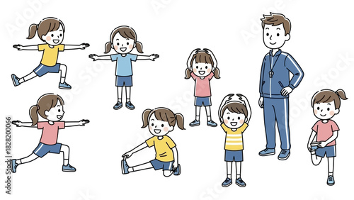 Happy children and their physical education instructor engage in warm-up stretches, promoting fitness, flexibility, and healthy activity for a joyful and active lifestyle