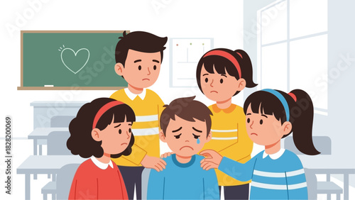 Sad boy being comforted by classmates in a classroom, symbolizing empathy and support