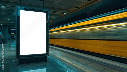 Blank advertising billboard or mock up in a subway station with moving trains 