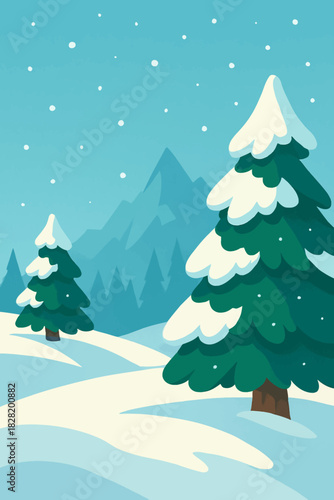 Snowy winter landscape with evergreen trees and mountains creating a peaceful holiday atmosphere